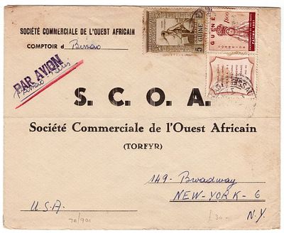 Guinea. 1951. Letter from Bissau to New York, by airmail, postage of 6$00