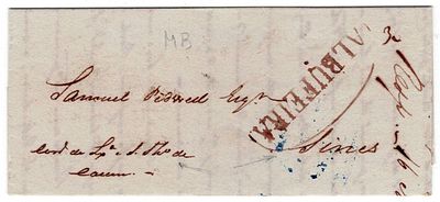 Pre-philately. ALBUFEIRAthe sepia LF ABF3 rar2 in a letter from Albufeira 9.4.1849 to Sines. It 