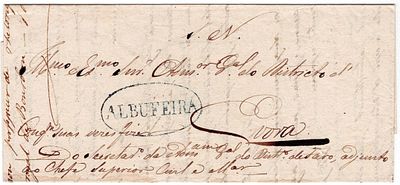 Pre-philately. ALBUFEIRAblue LF ABF3 rar10 on undated letter from Albufeira to &Eacute;vora. Exempt 