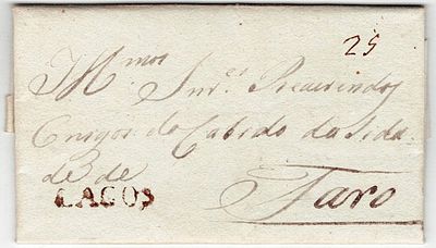 Pre-philately. LAKESthe sepia LF LGS2 rar6 in a letter from Lagos 14.9.1825 to Faro, postage 
