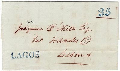 Pre-philately. LAKESblue LF LGS3 rar3 in letter from Lagos 26.12.1841 to Lisbon 31.12, printed 