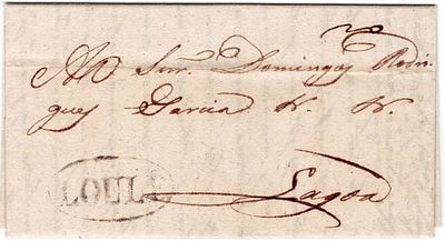 Pre-philately. LOULEthe sepia LF LLE2 rar4 in a letter from Loul&eacute; 26.3.1840 to Lagoa, postage 