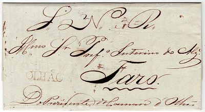 Pre-philately. EYEthe sepia LF OLH1 rar4 in a letter from Olh&atilde;o 21.1.1835 to Faro, exempt from 