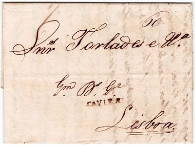 Pre-philately. TAVIRAthe sepia LF TVR4 rar4 in a letter from Tavira 26.5.1833 to Lisbon 