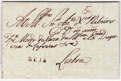 Pre-philately. BEJAsepia LF BJA1rar4 in letter from Beja 23.11.1818 to Lisbon, postage 50. Very 
