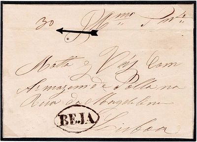 Pre-philately. BEIAsepia LF BJA2 rar2 in letter from Beja 30.5.1821 to Lisbon, postage 30. Very 