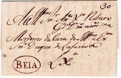 Pre-philately. BEJAblack LF BJA4 rar2 in letter from Beja 30.3.1853 to Lisbon 1.4, postage 30. 