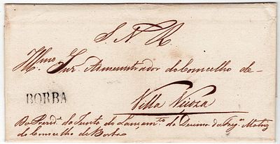 Pre-philately. BORBAin black LF BRB1 rar6 on letter from Borba 15.3.1836 to Vila Vi&ccedil;osa, exempt 