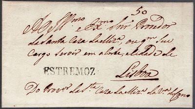 Pre-philately. ESTREMOZin black LF ETZ2 rar3 on letter from Vila do Cano 22.12.1820 to Lisbon 