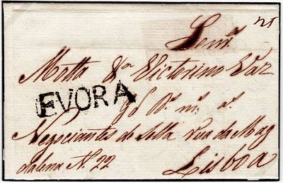 Pre-philately. EVORAblack LF EVR3 rar2 on letter from &Eacute;vora 15.1.1842 to Lisbon 20.1, postage 