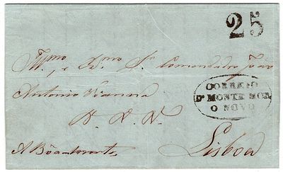 Pre-philately. MONTEMOR-O-NOVOblack LF MMN4 rar5 in letter from Montemor, 20.10.1821 to Lisbon 