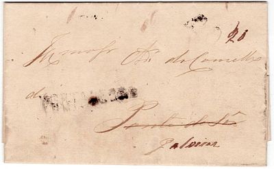 Pre-philately. PORTALEGREin black on a letter from Portalegre 15.2.1853 to Ponte de S&ocirc;r 