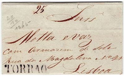 Pre-philately. CLOODin black LF TRR1 rar5, on letter from Torr&atilde;o 24.10.1845 to Lisbon 24.10 