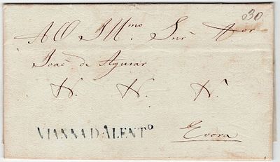 Pre-philately. VIANA OF ALENTEJOthe blue LF VNT1 rar5 on a letter from Viana do Alentejo to 