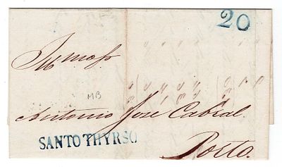 Letter sent from F&aacute;brica, SANTO THYRSO mail (STS 2, rar3) in blue, dated 11.10.1852, to Porto 