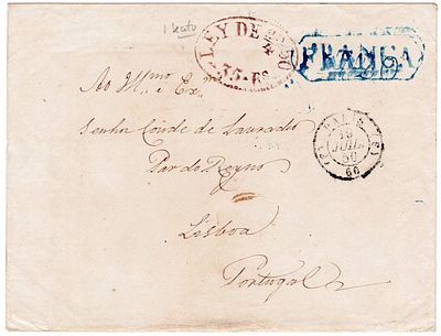 Letter from Paris, dated 19.7.1850, arrived in Lisbon on 29.7, postage 720 reis for a letter 