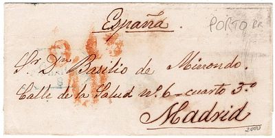 Postal History. Pre-philatelic letter sent from Porto on 8.10.1852 to Madrid, received on 