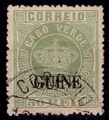 Guinea 1879-84 Crown. Stamp Mf#15a, 50 reis green, smooth paper, perforation 13.5. Used stamp 