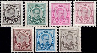 Guinea 1886 - King Lu&iacute;s. Incomplete series of 7 stamps Mf #24-30, perforated 12 3/4 (except 40 