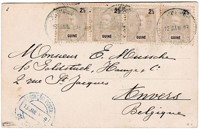 Guinea. Illustrated postal card from Cacheu, on January 12, 1909, postage of 10 reis (strip of 