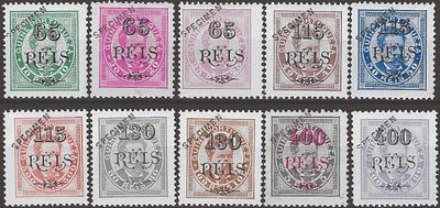 Guinea, 1902 – D. Lu&iacute;s I, with surcharge. MF 62/71. Complete series, new, on porcelain paper 