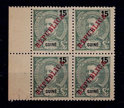 Guinea 1911 – D. Carlos I Mouchon type with Republic overprint. QUADRA leaf edge of Mf#101 