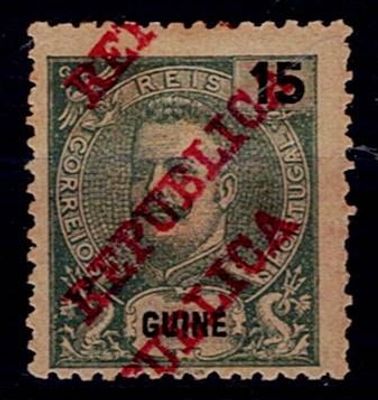 Guinea 1911 – D. Carlos I Mouchon type with Republic overprint. Stamp Mf#101, 15 reis green 