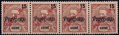 Guinea 1913 – D. Carlos I Mouchon type with local Republic overprint. Strip of 4 stamps of 