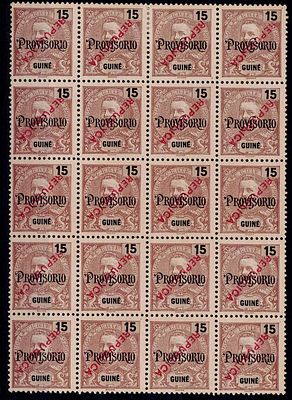 Guinea, 1913 - D. Carlos I, with "REPUBLICA" overprint, local. Block of 20 stamps of 15r. 