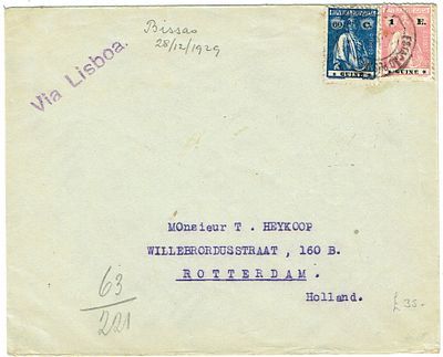 Guinea. Letter sent from Bissau on December 28, 1929, Ceres postage of 1$60, to the Netherlands 