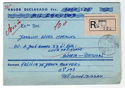 Guinea. Registered letter with declared value in Bissau, on March 13, 1975, postage on the back 