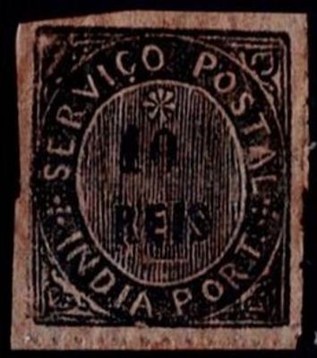 India 1877 Natives type III. Stamp of 10 reis, black, type III, fine blue paper, 12.5 to 13.5 