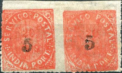 India, 1881 - Natives, with surcharge. Surcharge B, type IIB. MF#64i, 5 s/ 20 r&eacute;is, red, bluish 