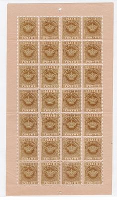 India 1882 Crown, values ​​in local currency. Full sheet of Mf#116h, 4.5 reis greenish bistre 