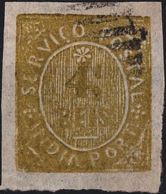 India 1883 – Natives. Value in local currency. Type IIID. MF130a, 4 &frac12; r&eacute;is, olive green, fine 
