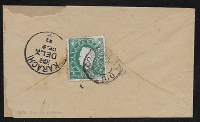 Port. India 1893 cover from Diu to Karachi franked with a 6 reis Dom Luis issue (CE 134). 