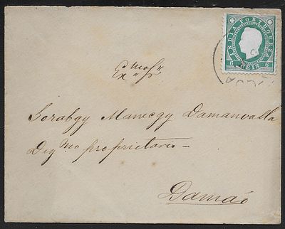Port. India 1893 cover Nova-Goa to Damao. Franked with 6 reis green Dom Luis (Mf# 134). Partial 