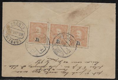 Port. India 1900 cover to Aldona franked with a strip of three 1 1/2 reis CM issues (CE 155). 