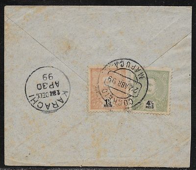 Port. India 1899 cover from Mapuca to Karachi franked with a 1 1/2 reis CM issue (CE 155) and a 