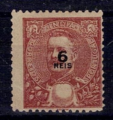 India 1898-1900 D. Carlos Mouchon. Stamp Mf#157, 6 reis, brown, smooth paper with light dots 