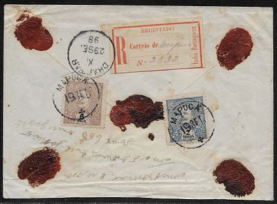 Port. India 1898 registered cover from Mapuca to Dharwar (British India) franked on the back 