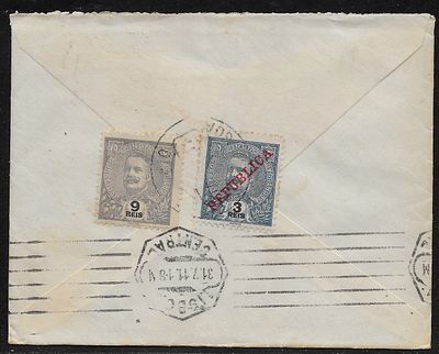 Port. India 1911 cover from Nova-Goa to Lisbon franked on the back with a single 9 reis CM 