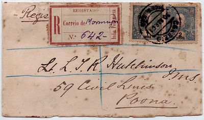 India. D. Carlos Mouchon. Registered Letter in Mormug&atilde;o, on April 30, 1901, with stamps of 1 