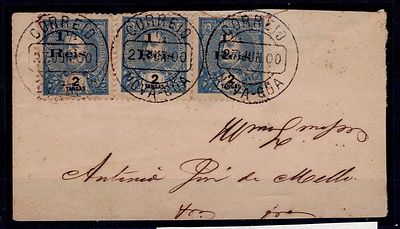 Portuguese India 1900. Fragment with 3 stamps of 1 &frac12; reis /2 tangas, D. Carlos with surcharge 