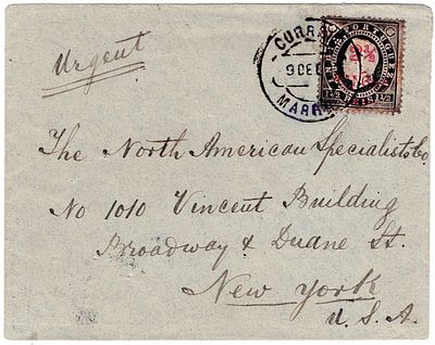 India. Letter sent from Margao on 9.12.1909 to New York, 2 &frac12; Tangas postage with D. Luis stamp 