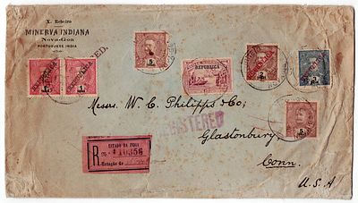 India. 1913. Registered letter from Nova Goa (illegible date), to Connecticut, USA, franking of 