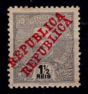 India 1911 D. Carlos Mouchon with "Republic" overprint. Stamp Mf#201, 1.5 reis slate with 