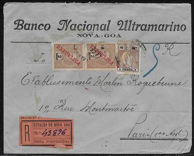 Port. India 1927 registered cover from Nova-Goa to Paris on blue Banco National Ultramarino 