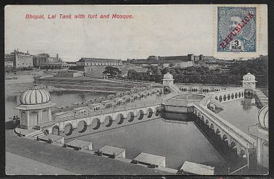 Port. India 1912 picture postcard featuring the “Lal Tank with fort and Mosque in Bhopal”, from 
