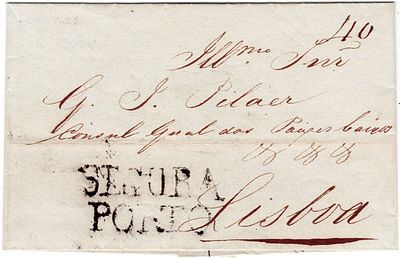 Pré- Filatelia. Capa de cartas segura, expedida do Porto, em 10 Dezembro 1822, marcada PRT-S 3 